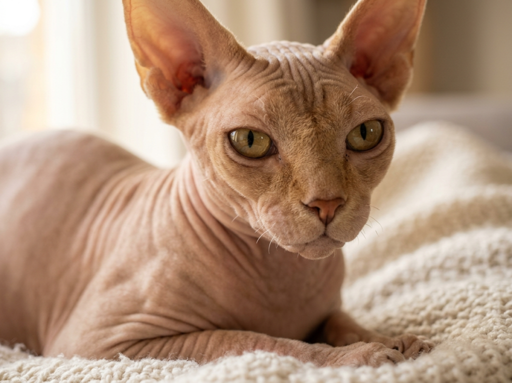 Sphynx Cat Nutrition Guide: The Best Diet for Healthy, Glowing Skin a healthy sphynx cat with clear, smooth skin showcasing proper nutrition.