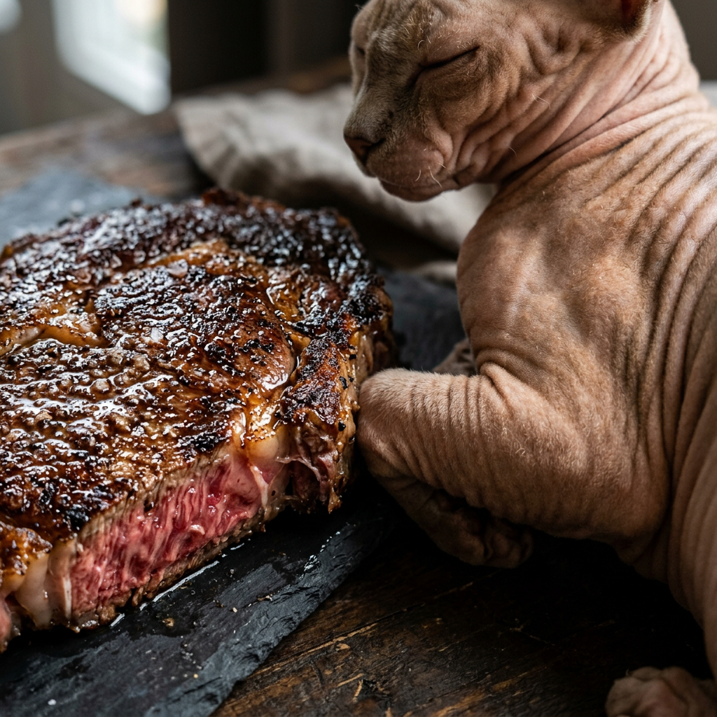 Sphynx Cat Nutrition Guide: The Best Diet for Healthy, Glowing Skin high quality cooked meat next to the sphynx kitten