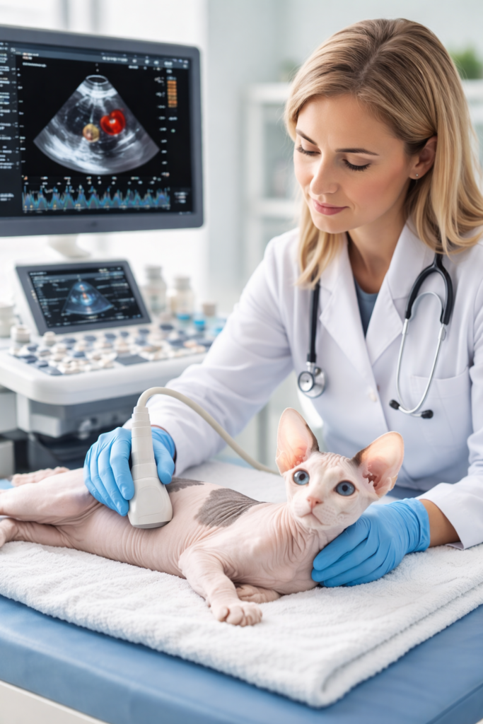 a board certified veterinary cardiologist performing an annual echocardiogram for hcm and health testing on a sphynx cat.