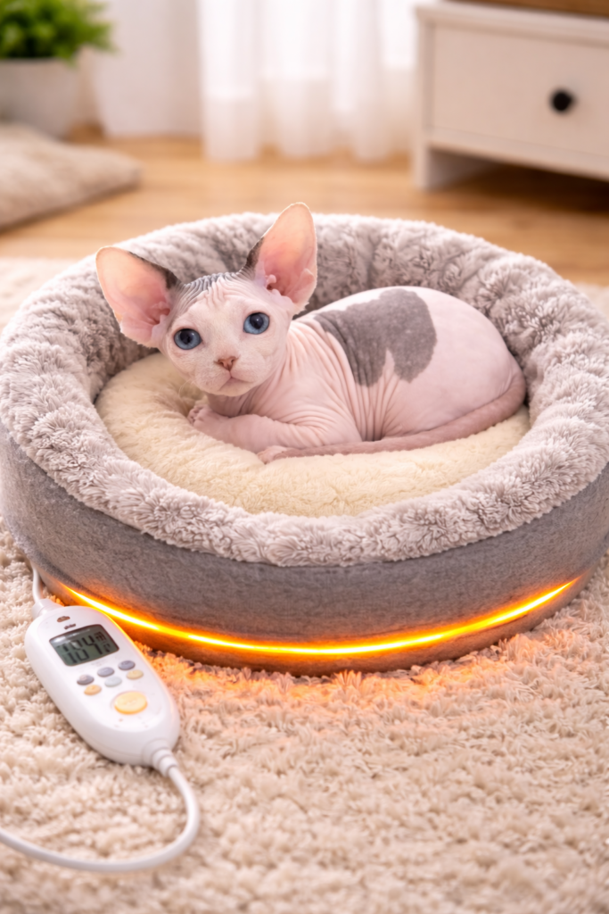 a cozy heated cat bed setup part of a comprehensive checklist for new sphynx owners to ensure kitten warmth.