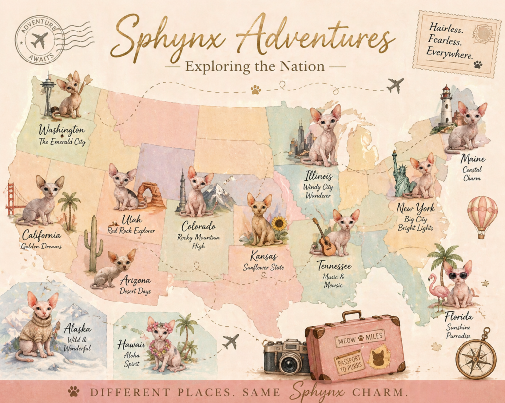 Finding Reputable Sphynx Cat Breeders in the USA: The 2026 Guide a map showing shipping routes for sphynx cat breeders usa, highlighting nationwide delivery from moonlit majesty.