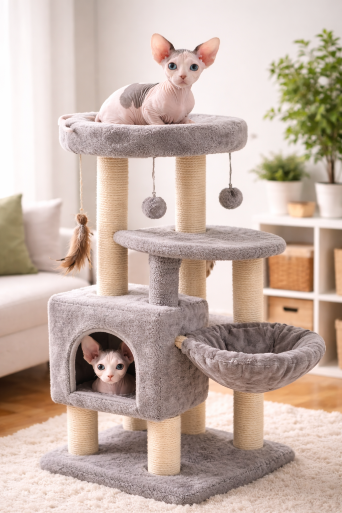 a soft fabric cat tree used for home proofing as recommended in our checklist for new sphynx owners.