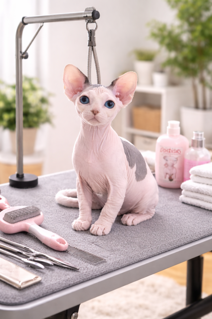 a specialized grooming kit for hairless cats, highlighting the different maintenance needs when comparing sphynx vs. other breeds.