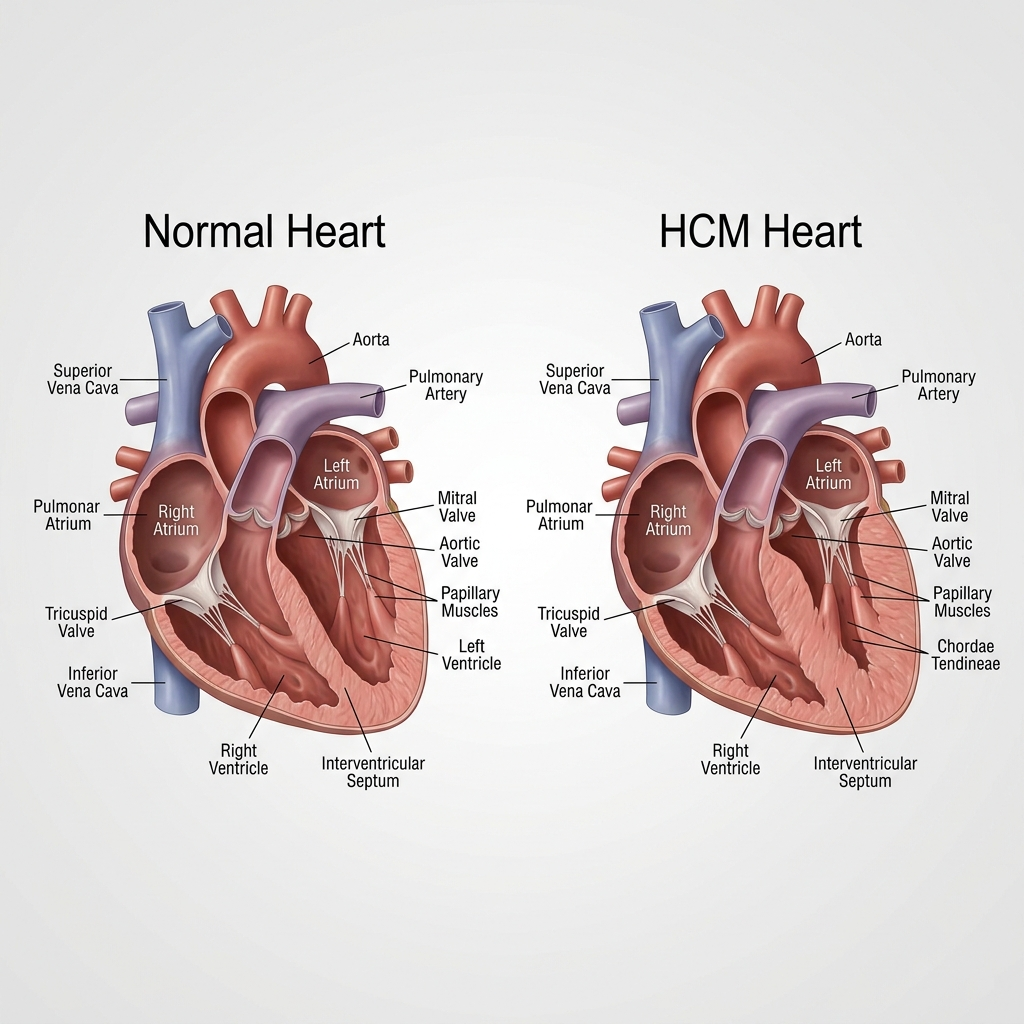 comparison diagram of a healthy cat heart versus one with hcm and health testing indicators showing thickened ventricle walls.