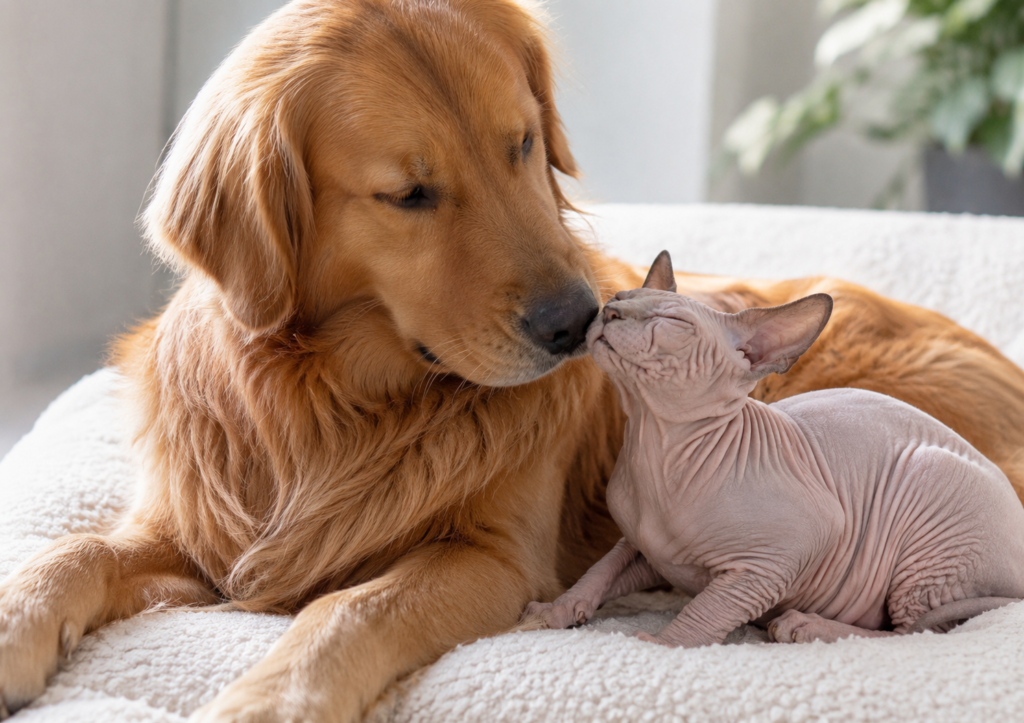 social sphynx cat temperament displaying friendliness with a family dog.